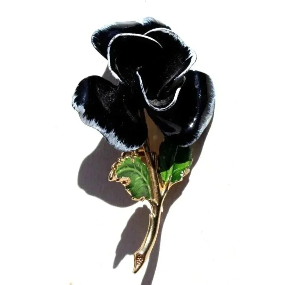 Vintage Black Gold Retro Flower Black Rose Costume Brooch Pin Jewelry